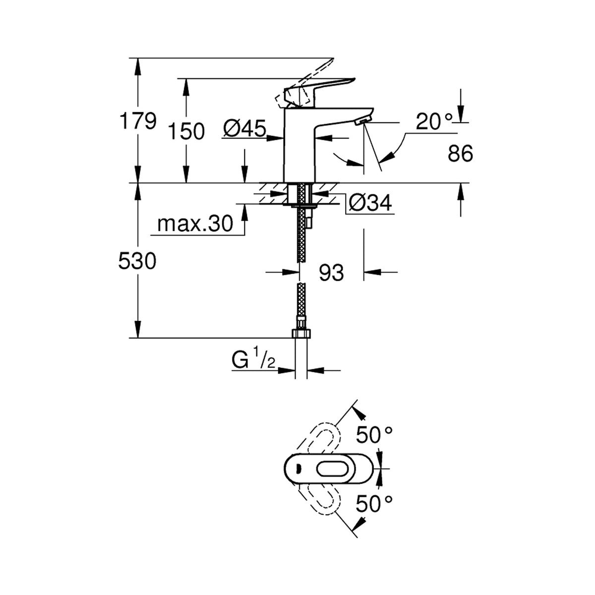Grohe BauLoop Lavabo Bataryası - Teknik Çizim