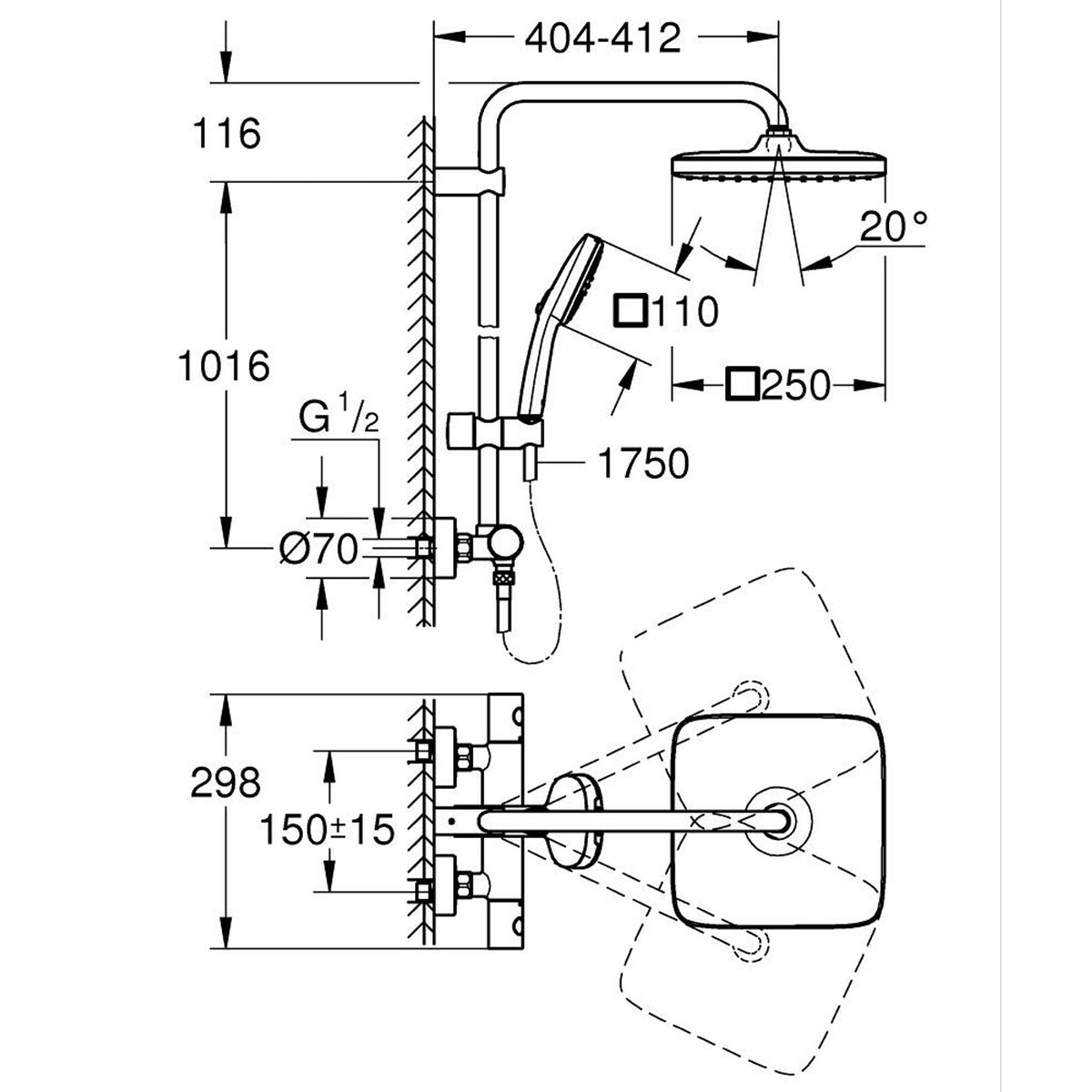 Grohe Tempesta System 250 Kare Duvara Monte Termostatik Bataryalı Duş Kolonu, Mat Siyah - Teknik Çizim