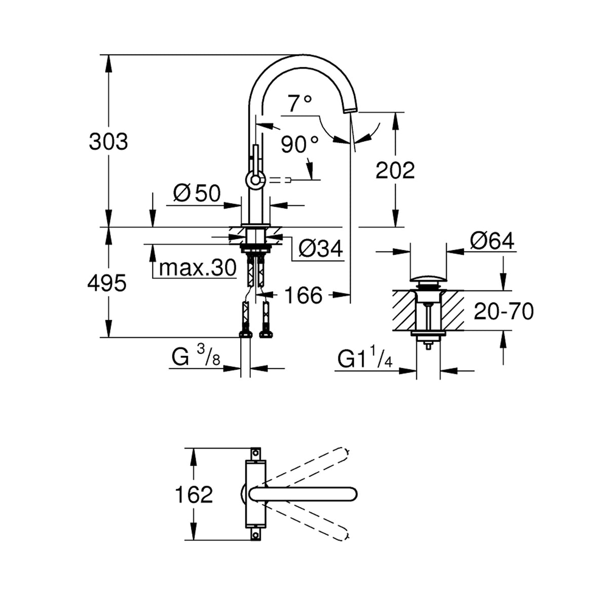Grohe Atrio Yüksek Lavabo Bataryası (L-Boy), Fırçalı Altın - Teknik Çizim