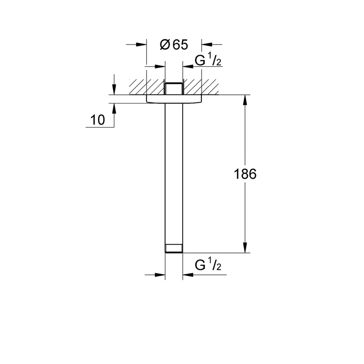 Grohe Tavandan Duş Başlığı İçin Tavan İniş Borusu, 186 mm - Teknik Çizim