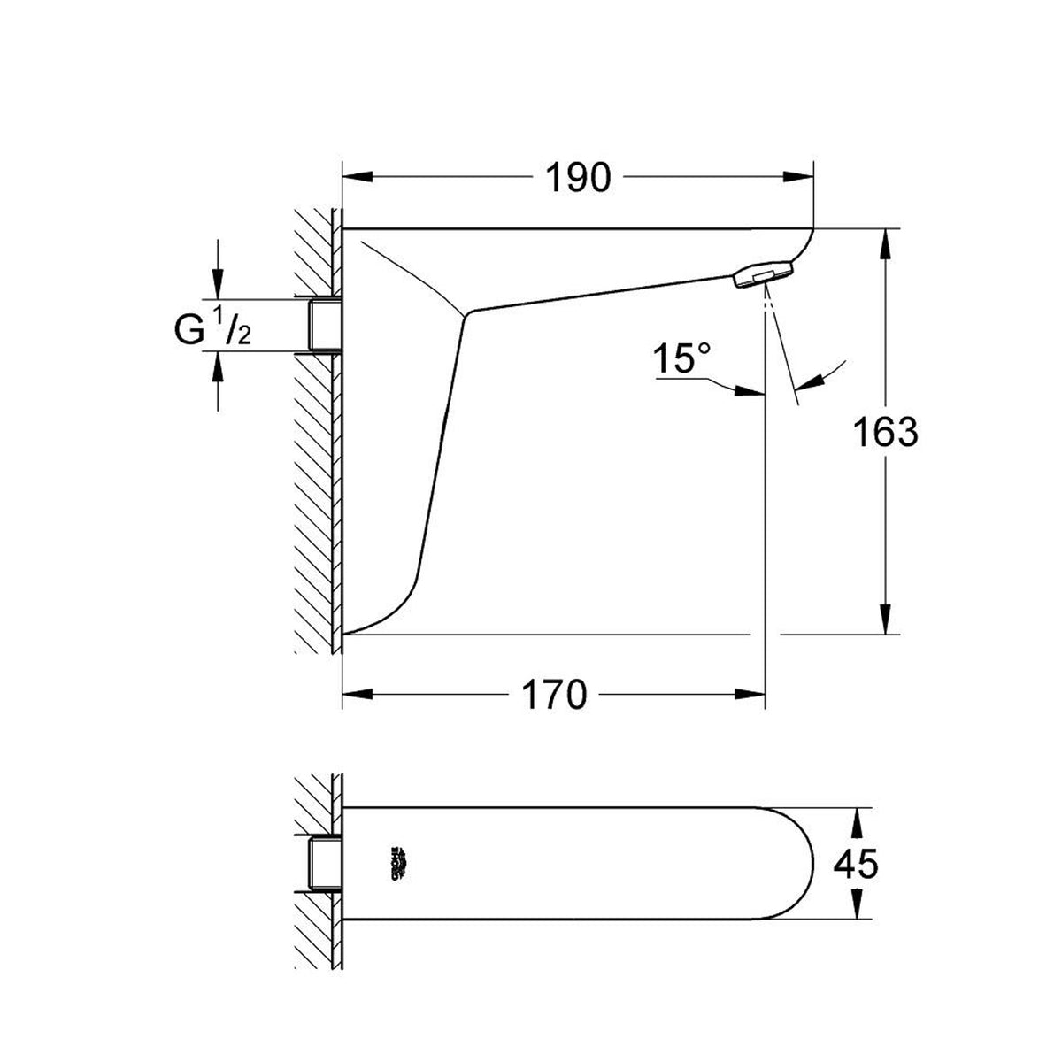 Grohe Euroeco Cosmopolitan E Duvardan Ankastre Fotoselli Lavabo Bataryası ( Tek Su Girişli, Pilli) - Teknik Çizim