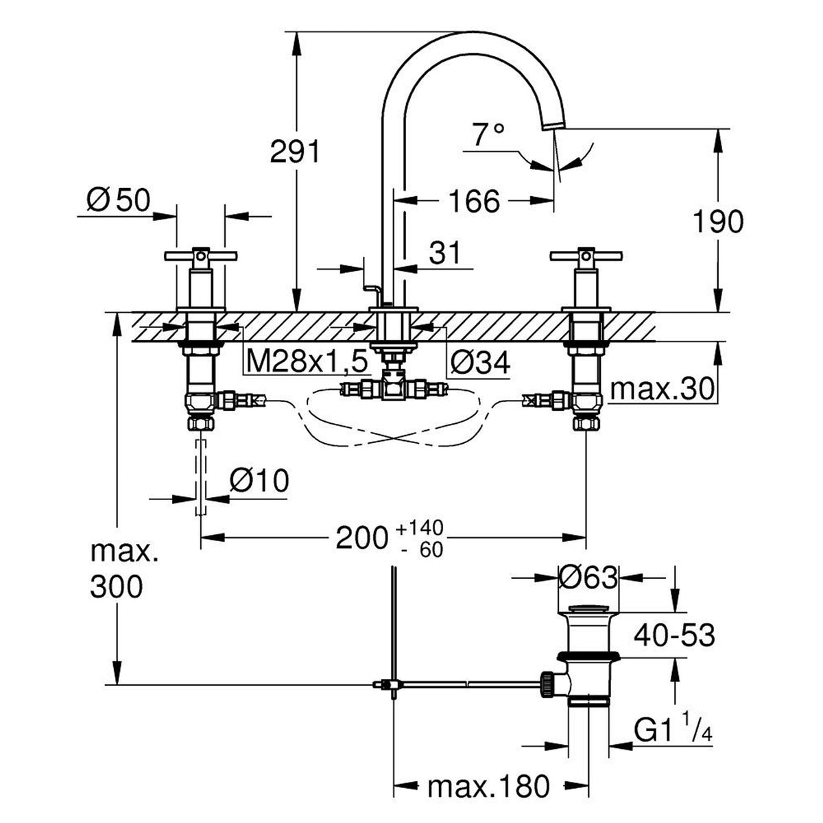 Grohe Atrio 3 Delikli Ankastre Lavabo Bataryası (4 Çubuklu Volan) L-Boy, Altın - Teknik Çizim