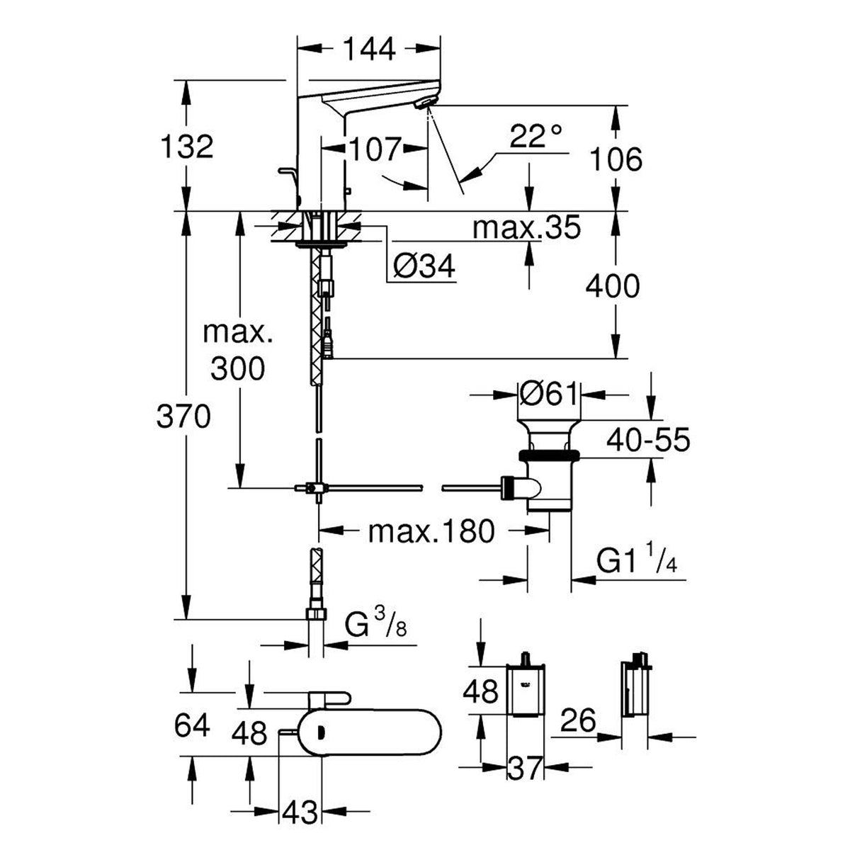 Grohe Eurosmart Cosmopolitan E Fotoselli Lavabo Bataryası, Çift Su Girişli, Ayarlanabilir Sıcaklık Sınırlayıcısı, Sifon Kumandalı - Teknik Çizim