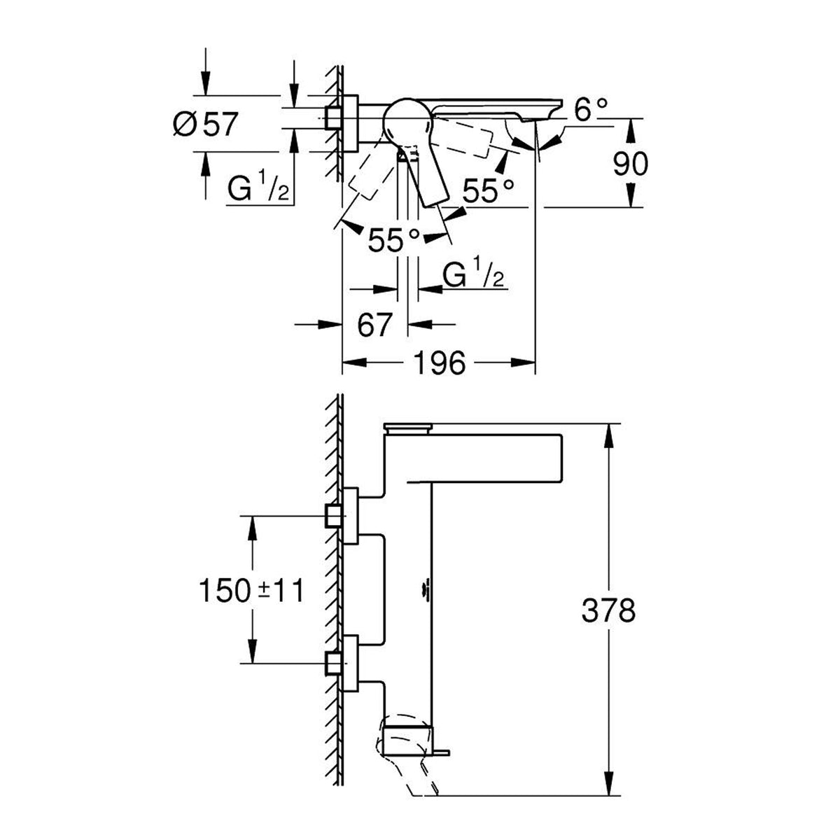 Grohe Allure Banyo Bataryası, Fırçalı Altın - Teknik Çizim