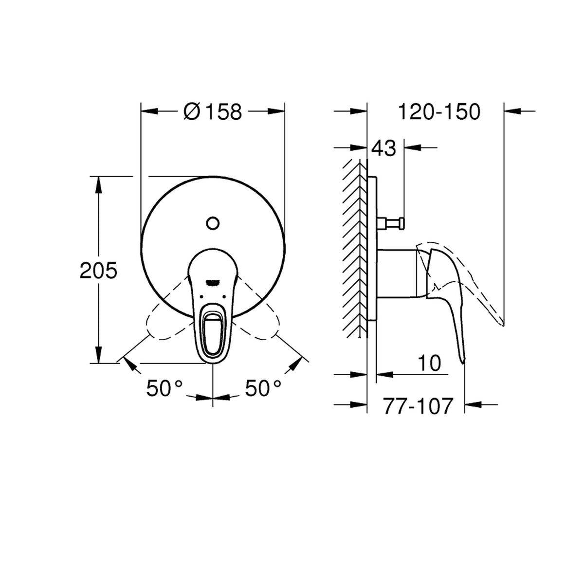 Grohe Eurostyle Ankastre Banyo Duş Bataryası (Sıva Üstü Grubu), 2 Yollu - Teknik Çizim