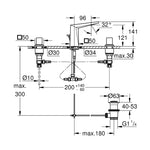 Grohe Allure Brilliant M-Boy, 3 Delikli Lavabodan Ankastre Lavabo Bataryası, Sifon Kumandalı, Fırçalı Sert Grafit - Teknik Çizim
