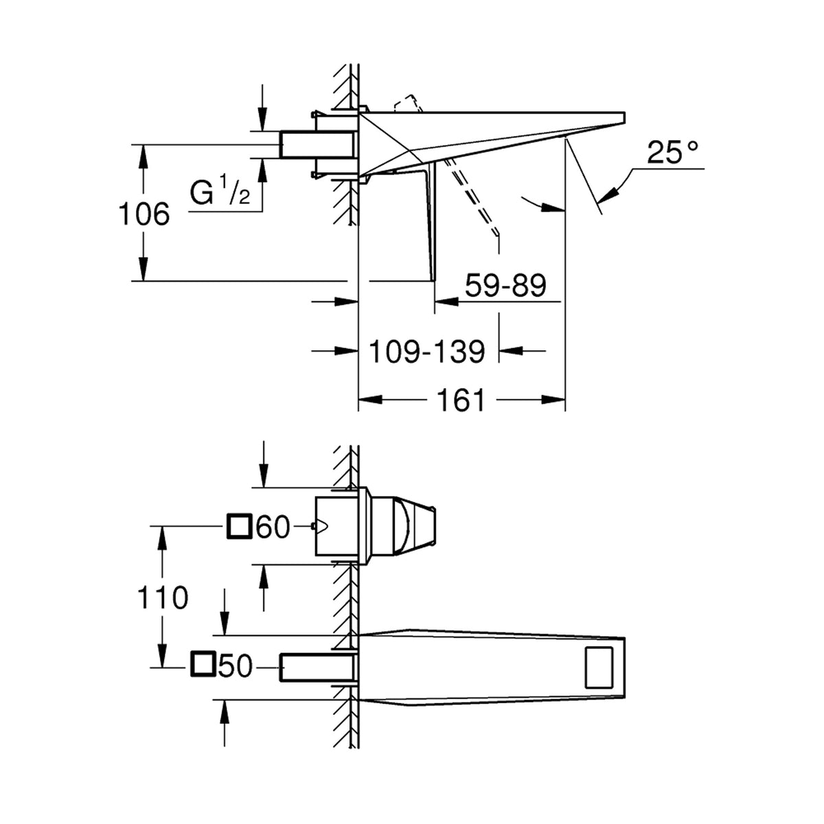 Grohe Allure Brilliant Duvardan Ankastre Lavabo Bataryası (Sıva Üstü Grubu), Fırçalı Sert Grafit - Teknik Çizim