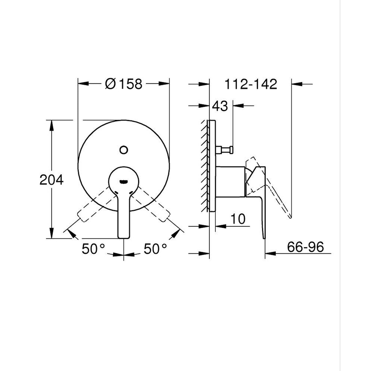 Grohe Lineare Ankastre Banyo/Duş Bataryası (Sıva Üstü Grubu), 2 Yollu, Fırçalı Bakır - Teknik Çizim