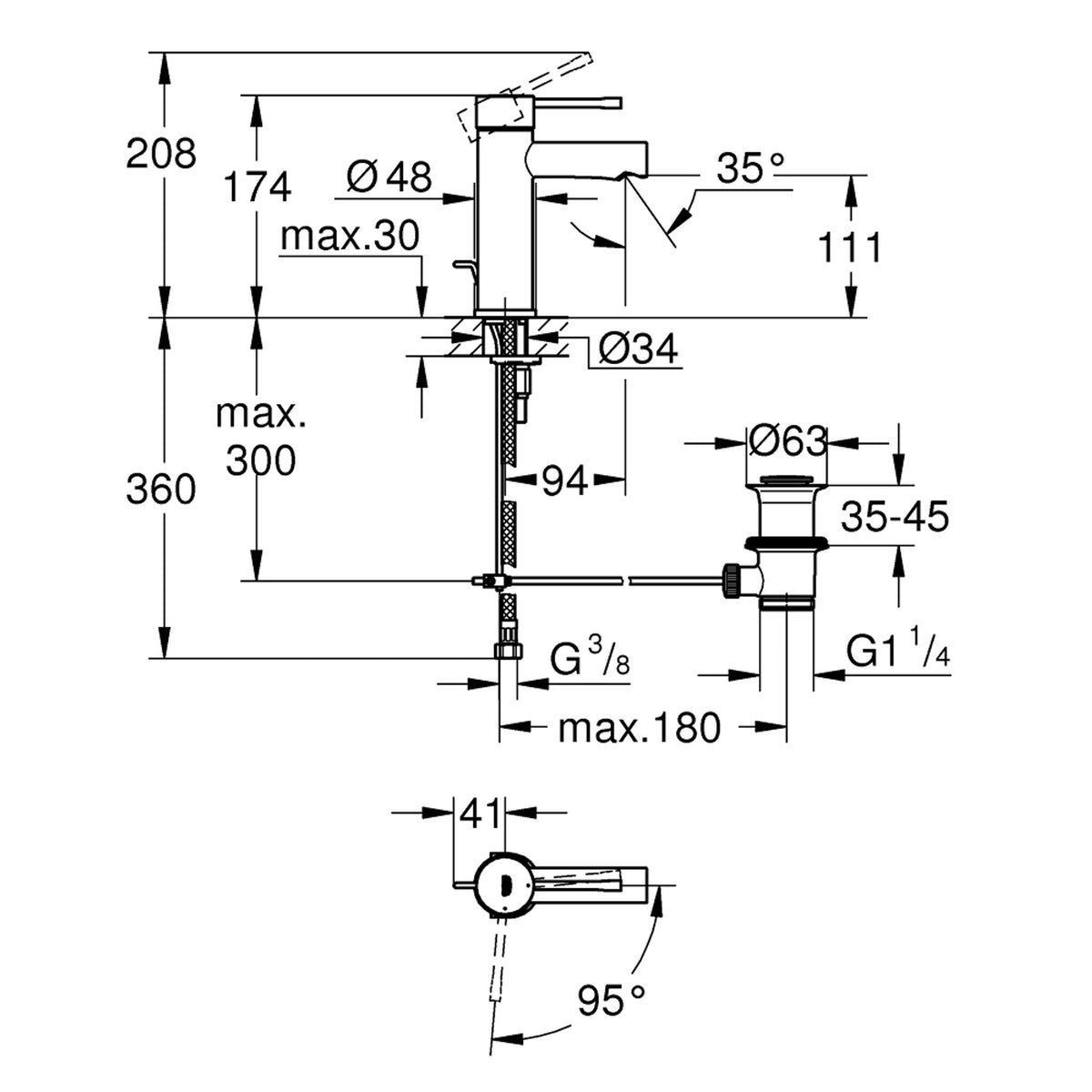 Grohe Essence Lavabo Bataryası (Sifon Kumandası) - Teknik Çizim