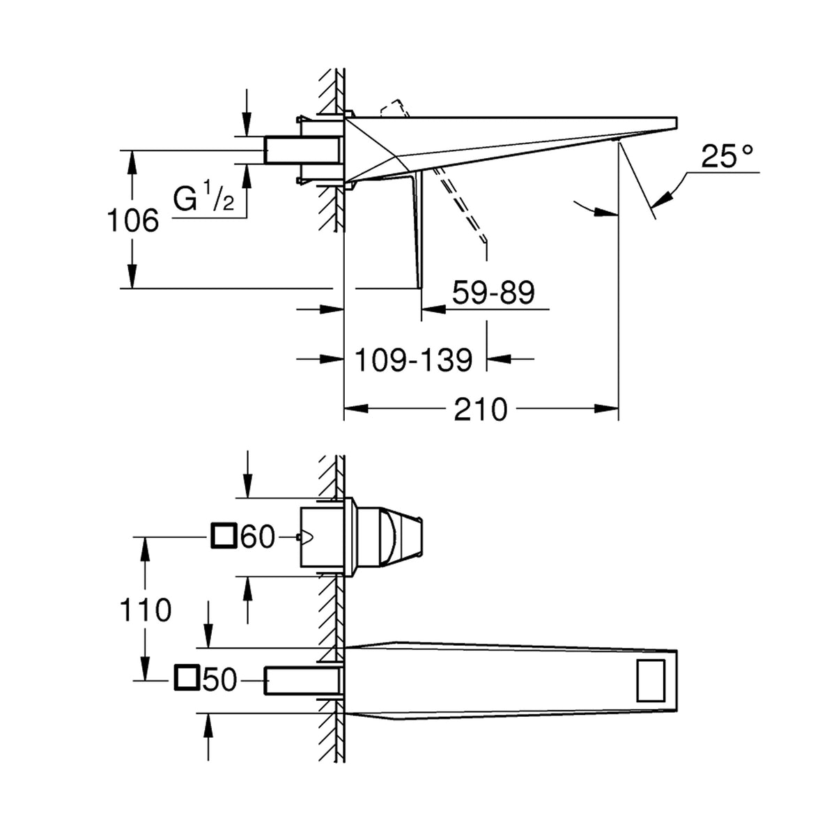 Grohe Allure Brilliant Duvardan Ankastre (L-Boy) Lavabo Bataryası (Sıva Üstü Grubu) - Teknik Çizim