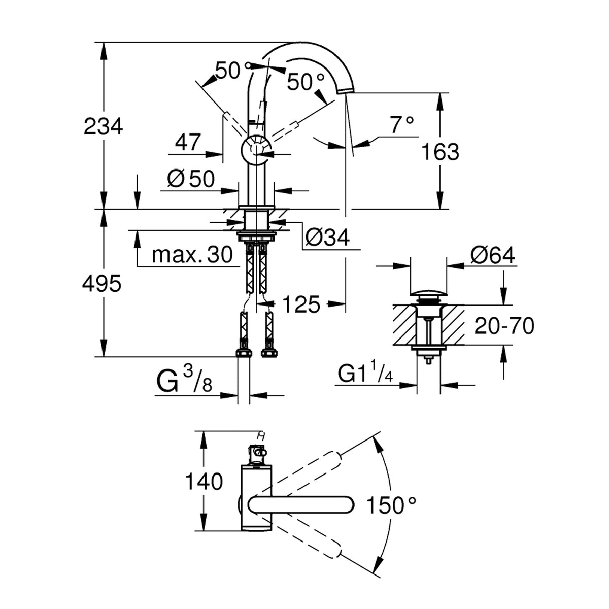 Grohe Atrio Lavabo Bataryası (M-Boy), Paslanmaz Çelik - Teknik Çizim
