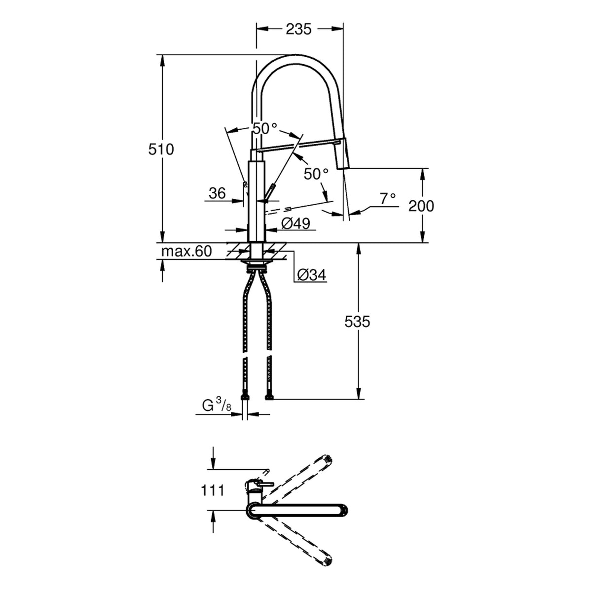 Grohe Concetto Professional Eviye Bataryası - Teknik Çizim