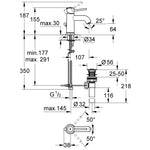 Grohe BauClassic Lavabo Bataryası, Sifon Kumandalı - Teknik Çizim