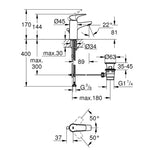 Grohe BauFlow Lavabo Bataryası, Sifon Kumandalı, S-Boy - Teknik Çizim