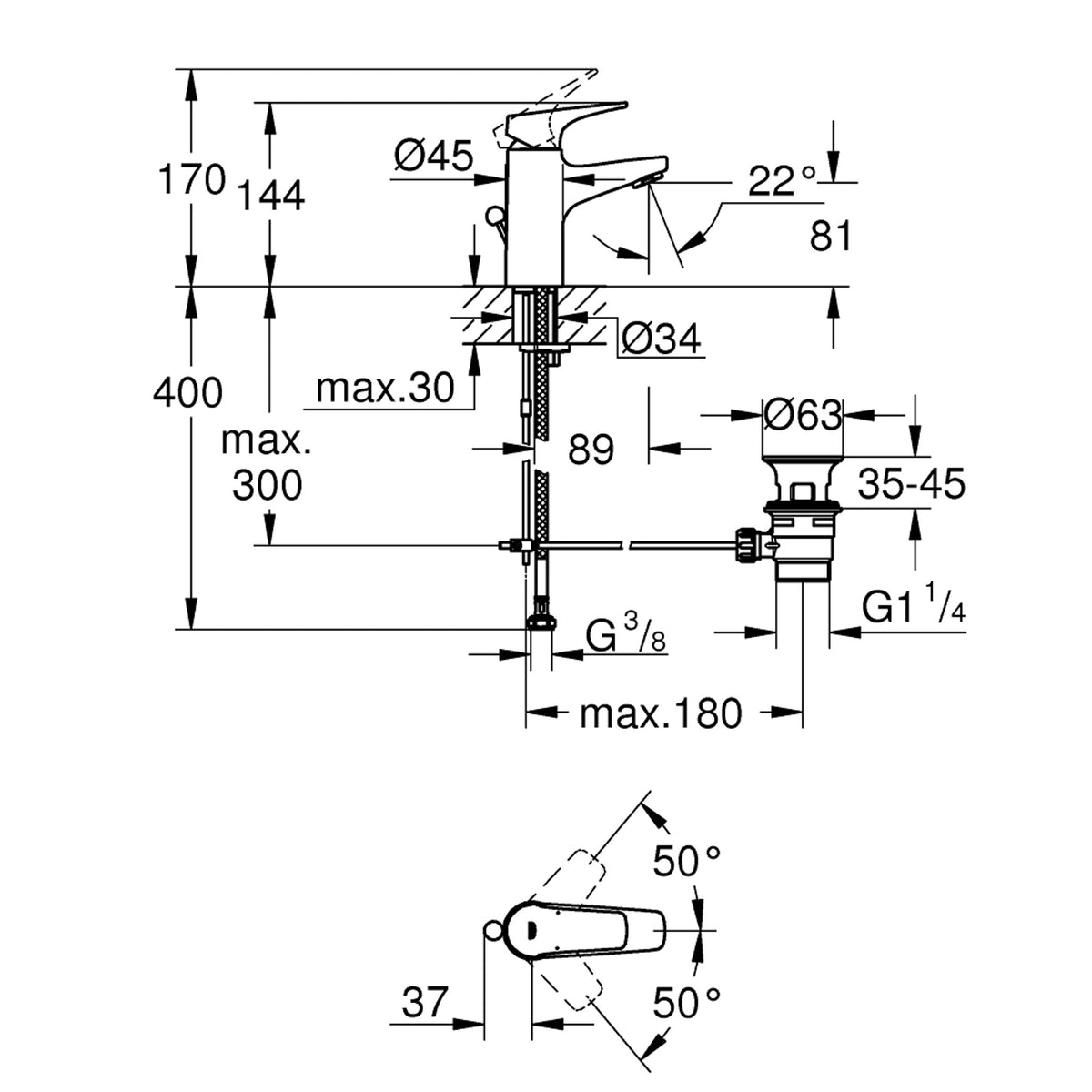 Grohe BauFlow Lavabo Bataryası, Sifon Kumandalı, S-Boy - Teknik Çizim