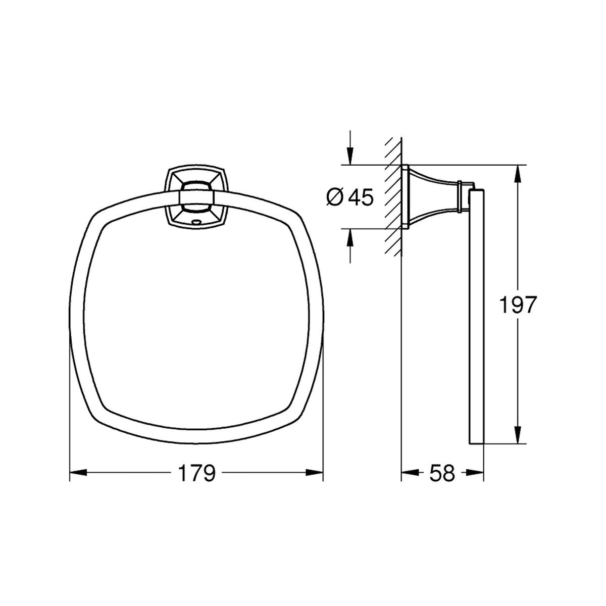 Grohe Grandera Halka Yuvarlak Havluluk, Krom-Altın - Teknik Çizim