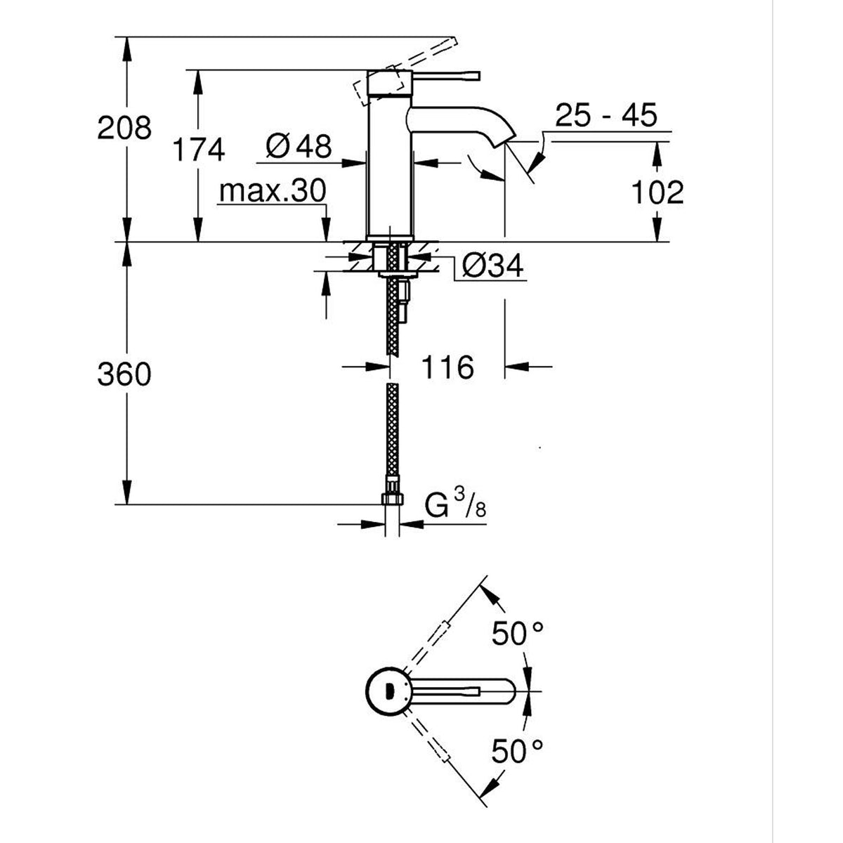 Grohe Essence Lavabo Bataryası, Paslanmaz Çelik - Teknik Çizim