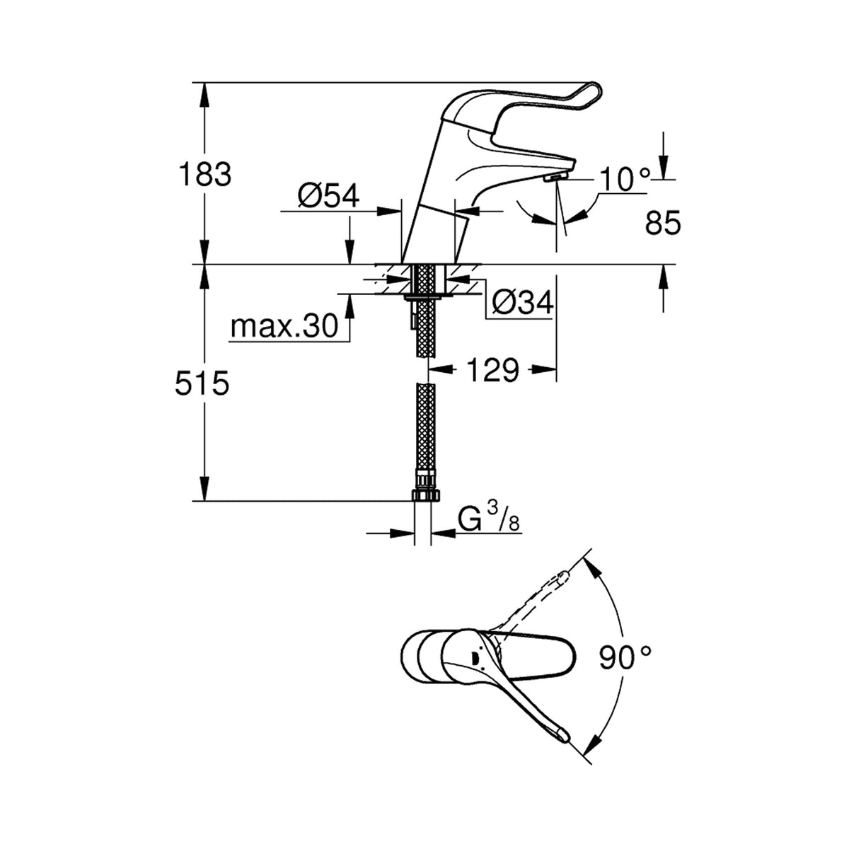 Grohe Euroeco Safety Mixer Bedensel Engelli Lavabo Bataryası - Teknik Çizim