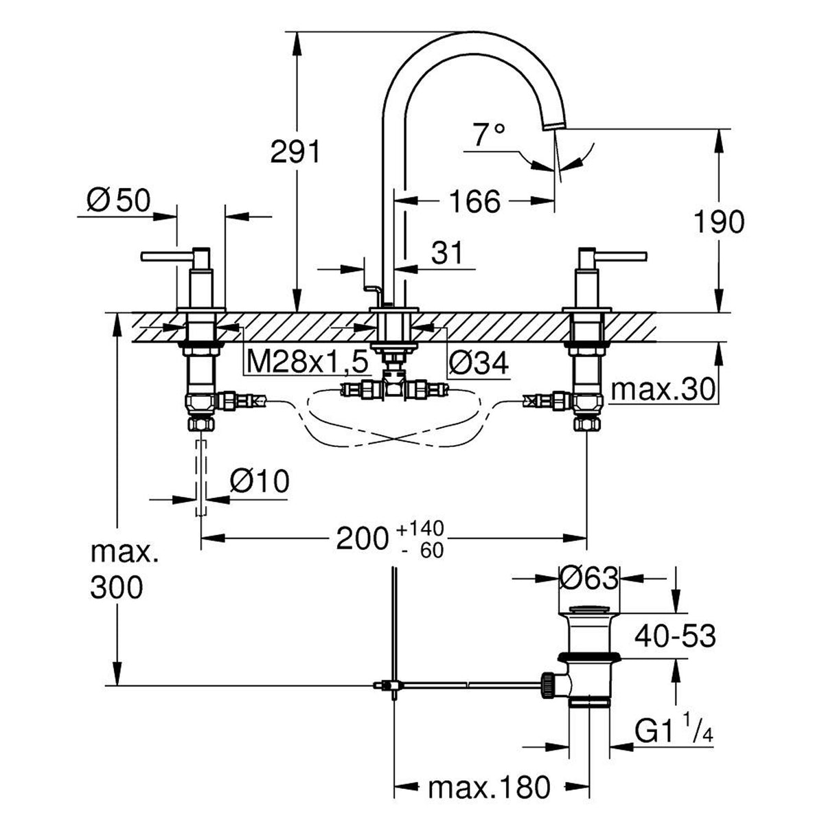 Grohe Atrio 3 Delikli Ankastre Lavabo Bataryası, Sifon Kumandalı - Teknik Çizim