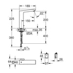 Grohe Eurocube Fotoselli Lavabo Bataryası (Çift Su Girişli - Pilli) - Teknik Çizim