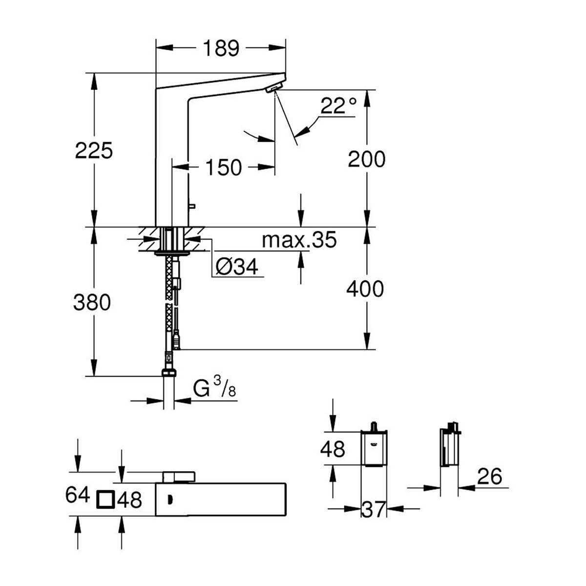 Grohe Eurocube Fotoselli Lavabo Bataryası (Çift Su Girişli - Pilli) - Teknik Çizim