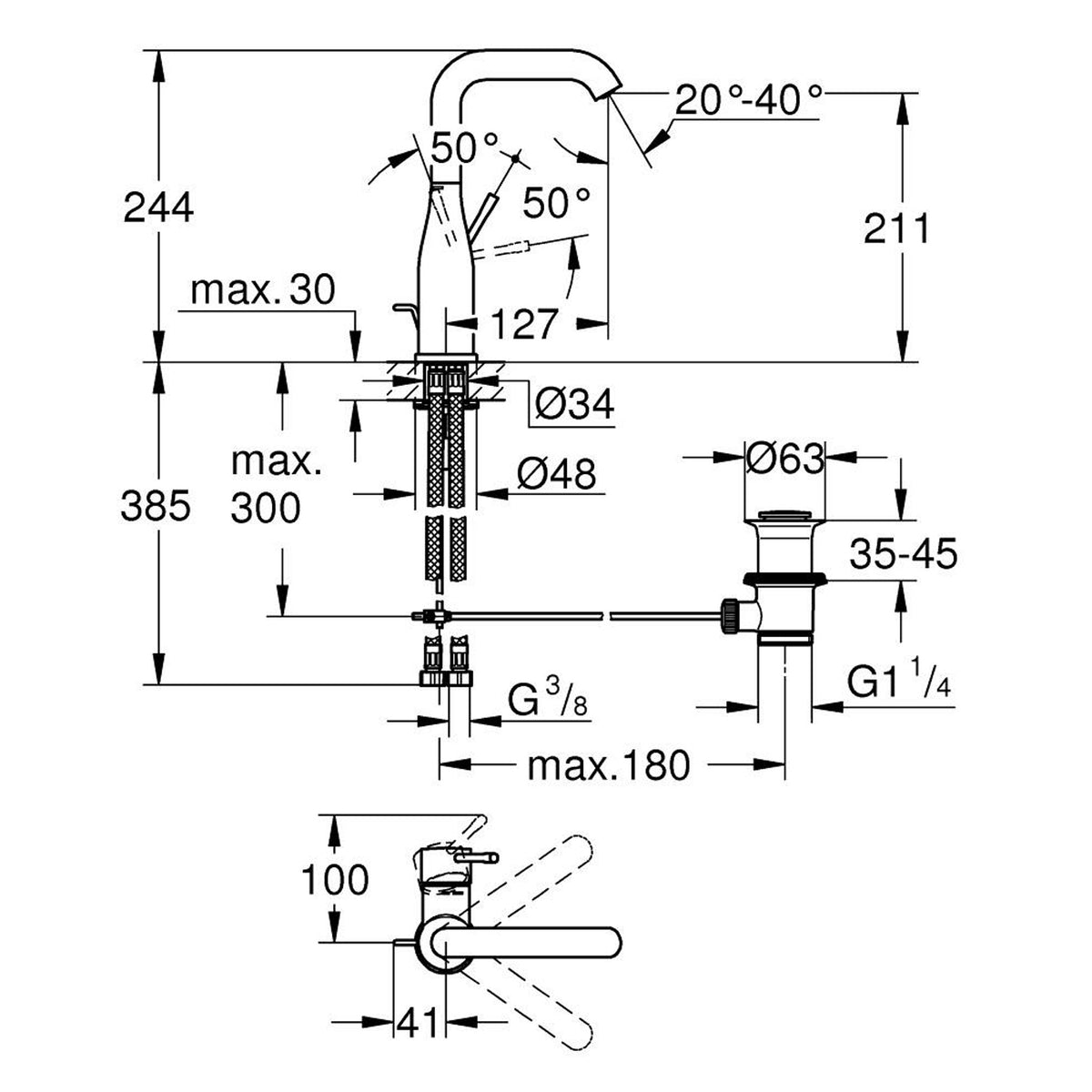 Grohe Essence New Lavabo Bataryası (Sifon Kumandalı) - Teknik Çizim