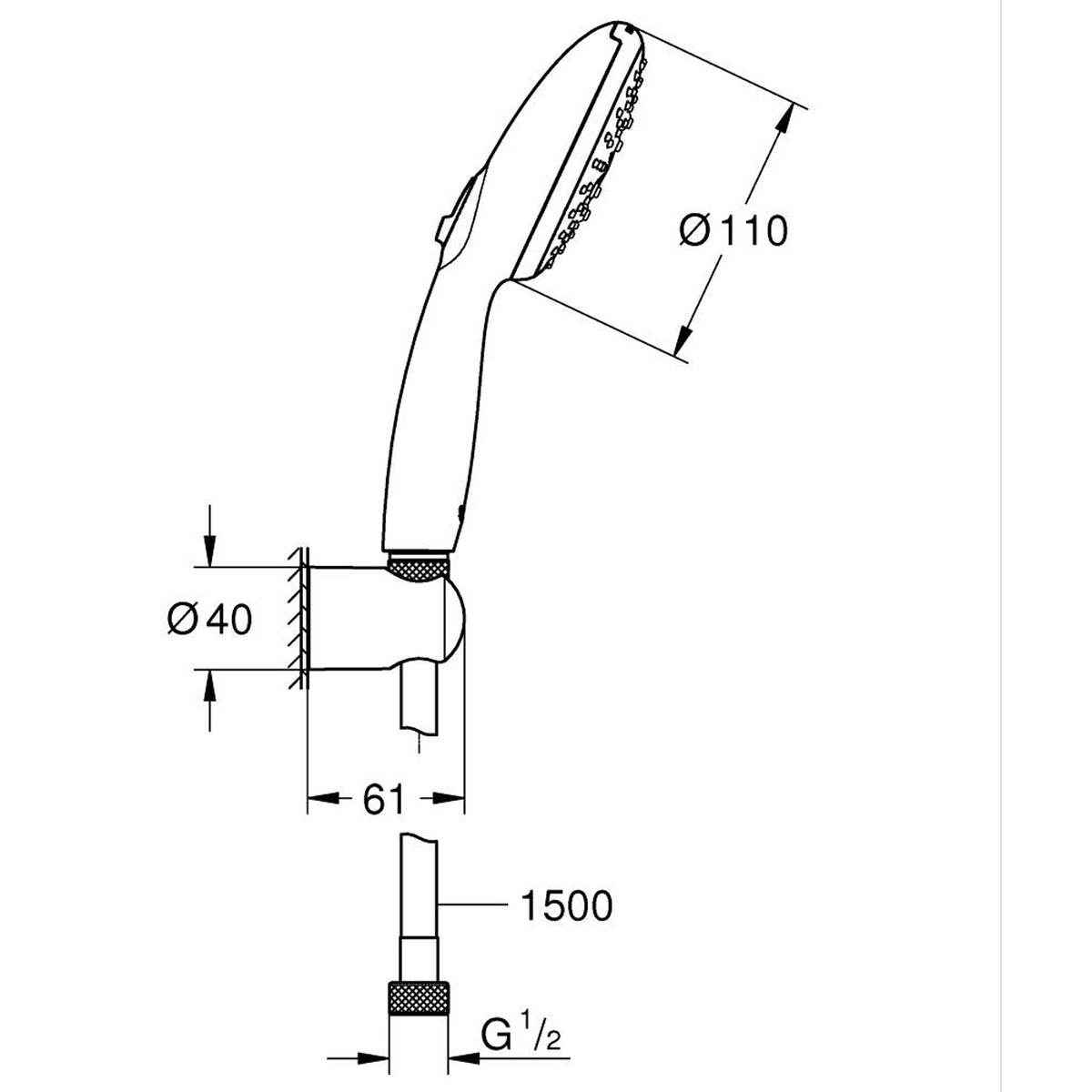 Grohe Tempesta 110 El Duş Takımı, 3 Akışlı - Teknik Çizim