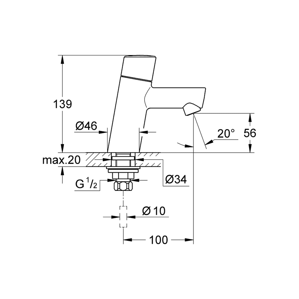 Grohe Concetto Tek Su Girişli Lavabo Musluğu - Teknik Çizim