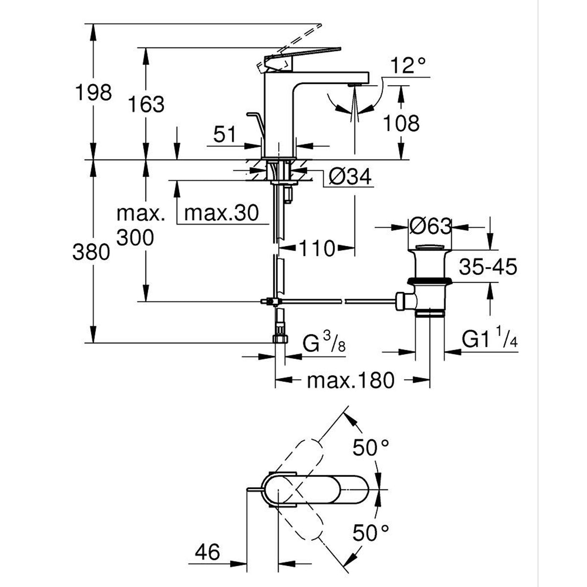 Grohe Plus Sifon Kumandalı Lavabo Bataryası, Fırçalı Altın - Teknik Çizim
