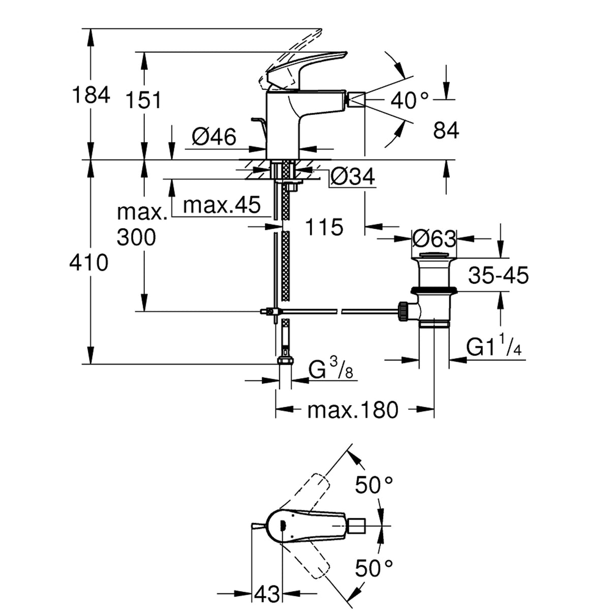 Grohe Eurosmart Sifon Kumandalı Bide Bataryası (S-Boy), Mat Siyah - Teknik Çizim