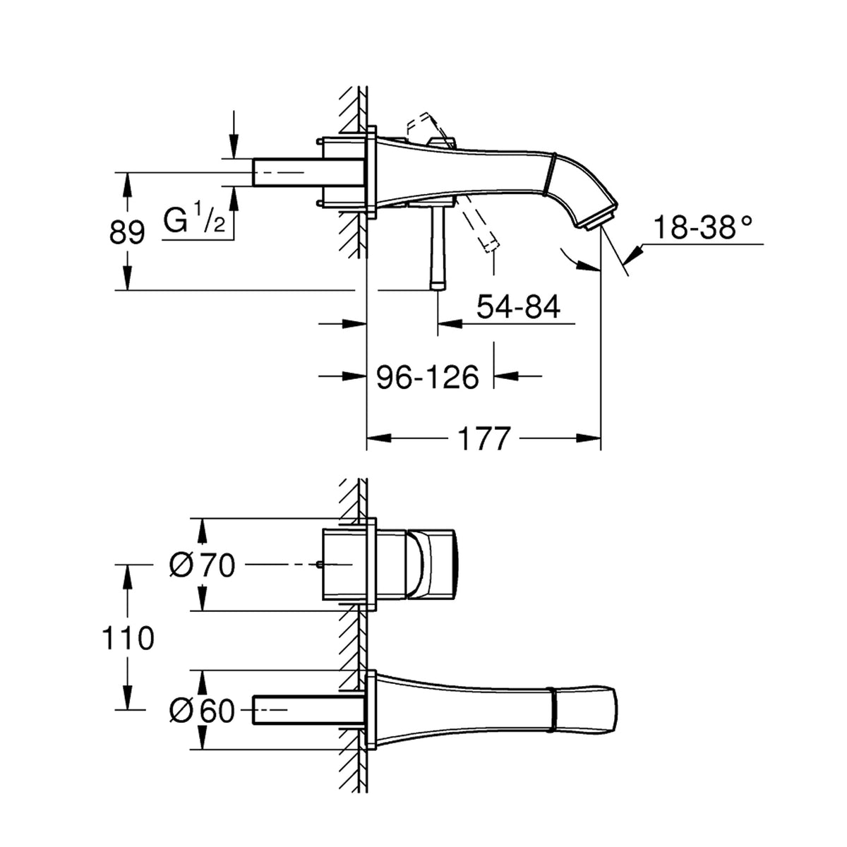 Grohe Grandera Ankastre Lavabo Bataryası (Sıva Üstü Grubu) - Teknik Çizim