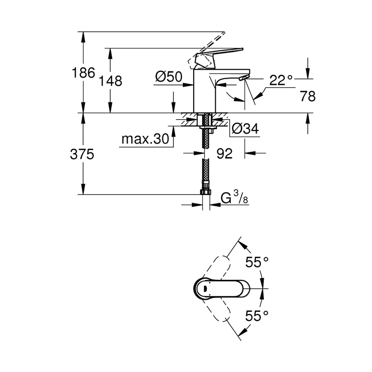 Grohe Eurocosmo Lavabo Bataryası - Teknik Çizim