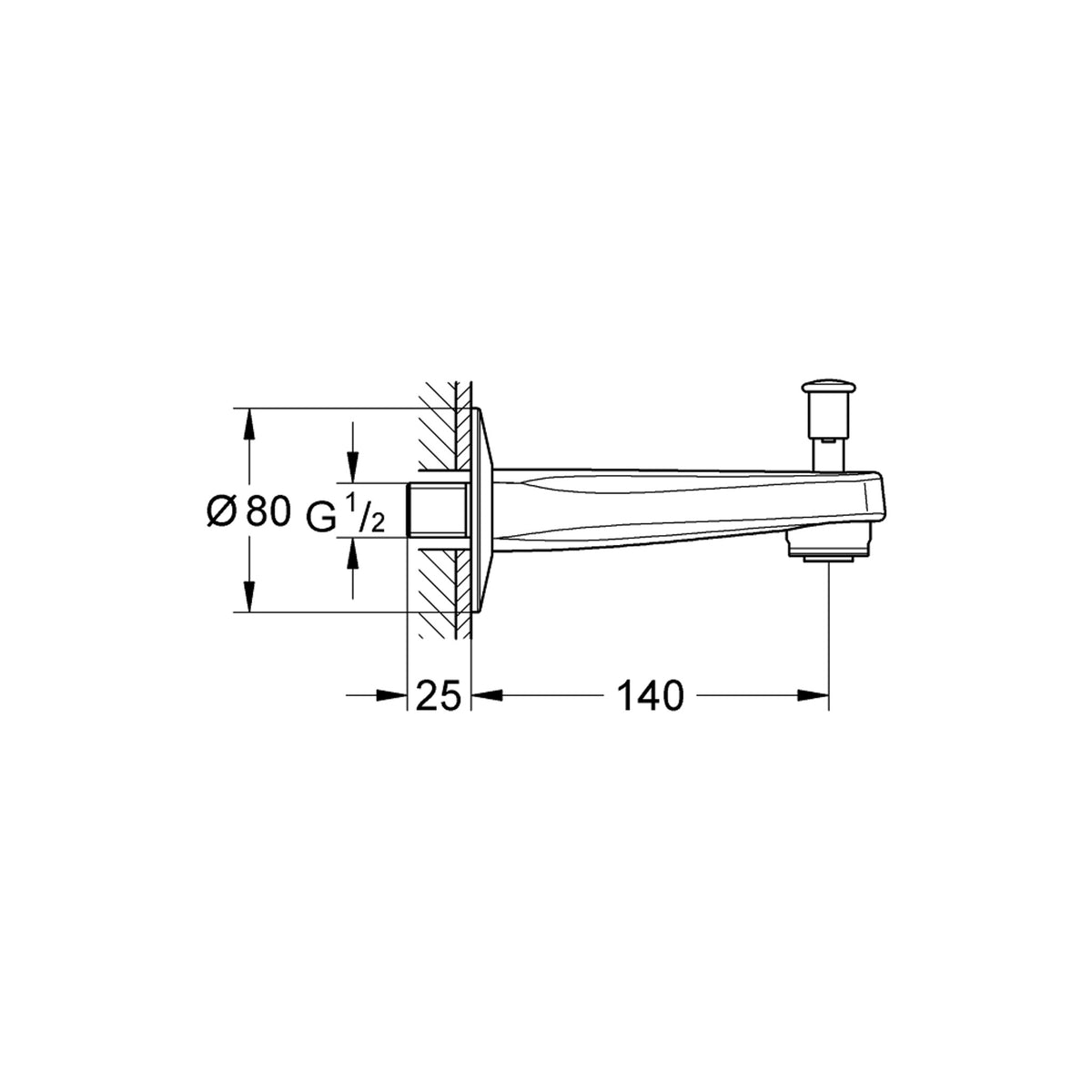 Grohe BauCurve Çıkış Ucu, Yön Değiştiricili - Teknik Çizim