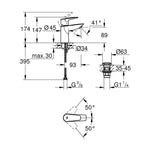 Grohe BauEdge Lavabo Bataryası (S Boy), Bas-Aç Sifon Dahil - Teknik Çizim
