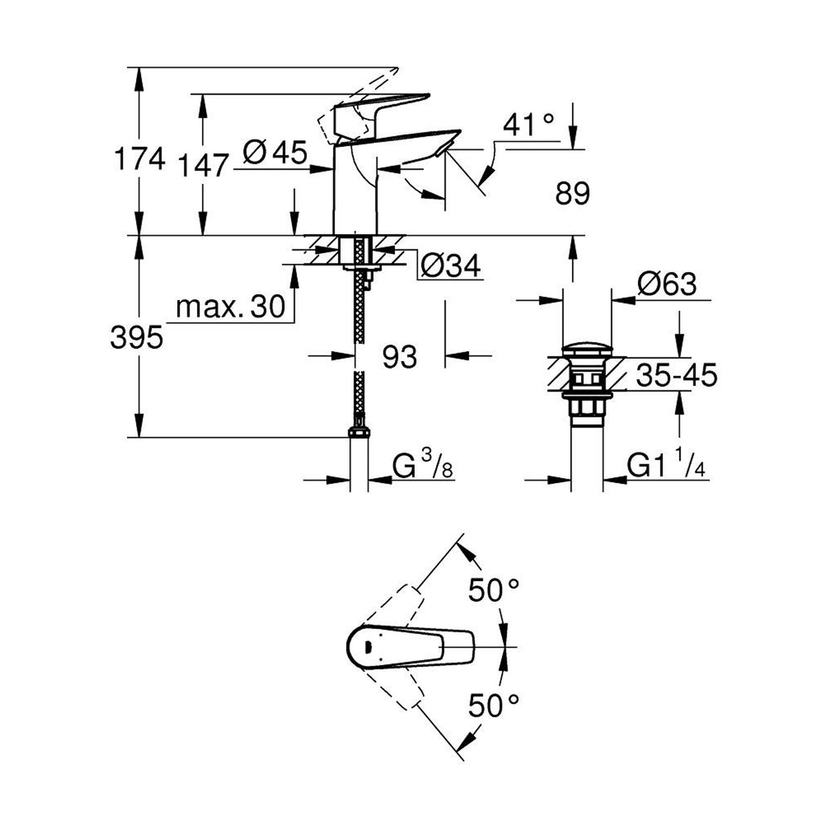 Grohe BauEdge Lavabo Bataryası (S Boy), Bas-Aç Sifon Dahil - Teknik Çizim