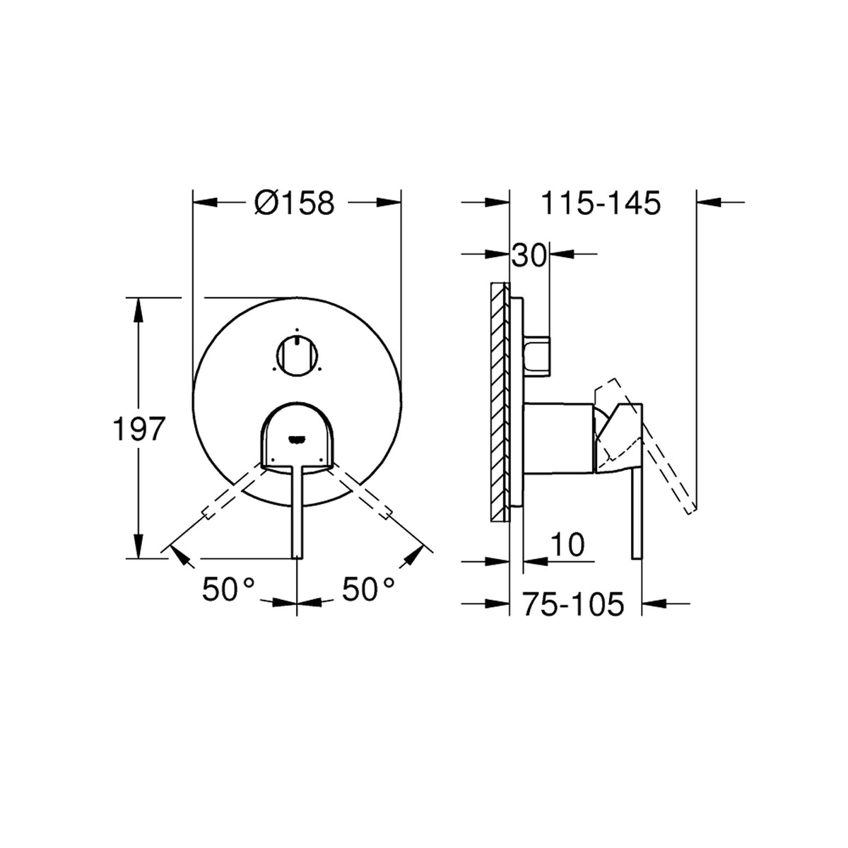 Grohe Plus Ankastre Banyo/Duş Bataryası (Sıva Üstü Grubu), 3 Yollu - Teknik Çizim