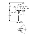 Grohe Euroeco SSC Uzun Kumanda Kollu Lavabo Bataryası - Teknik Çizim