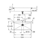 Grohe K800 Tek Gözlü Eviye, Paslanmaz Çelik (102x51 cm) - Teknik Çizim