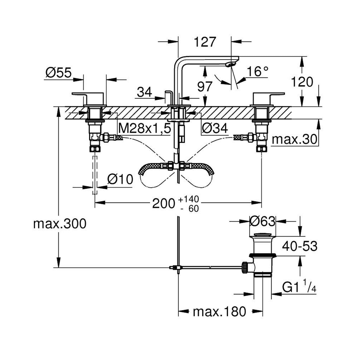 Grohe Lineare 3 Delikli Ankastre Lavabo Bataryası, Sifon Kumandalı, Altın - Teknik Çizim