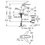 Grohe Euroeco Doktor/Bedensel Engelli Lavabo Bataryası, Sifon Kumandalı - Teknik Çizim