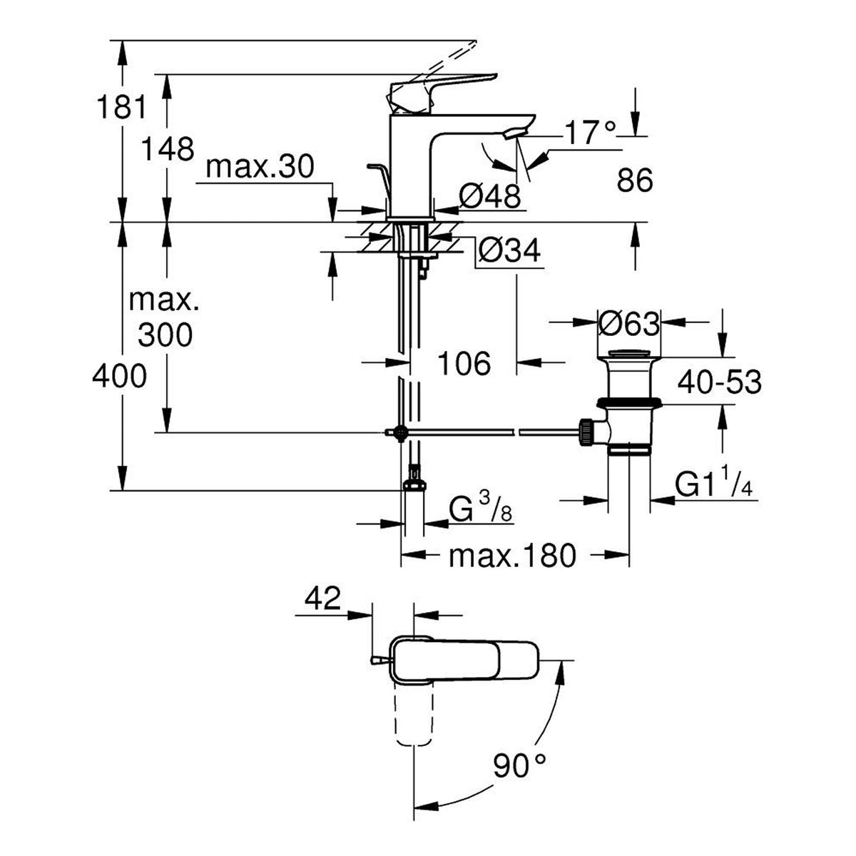 Grohe Cubeo Lavabo Bataryası, Mat Siyah, S-Boy (Sifon Kumandalı) - Teknik Çizim