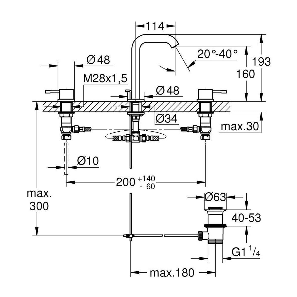 Grohe Essence 3 Delikli Lavabodan Ankastre Lavabo Bataryası, Altın - Teknik Çizim