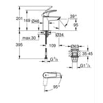 Grohe Eurosmart Lavabo Bataryası, S-Boy, Mat Siyah - Teknik Çizim