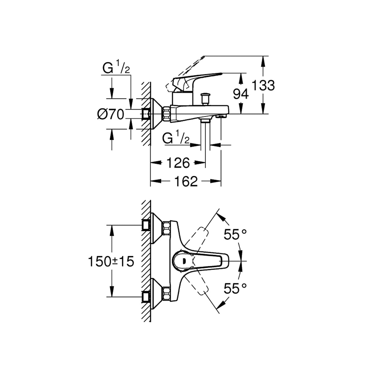 Grohe BauFlow Banyo Bataryası - Teknik Çizim