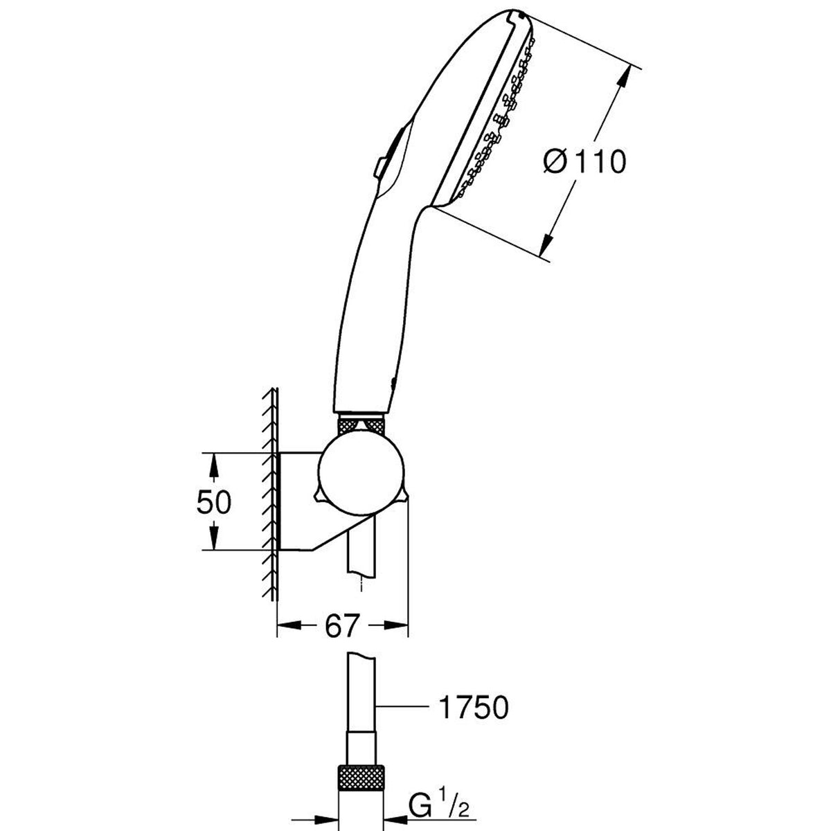 Grohe Tempesta 110 El Duşu Seti, 2 Akışlı - Teknik Çizim