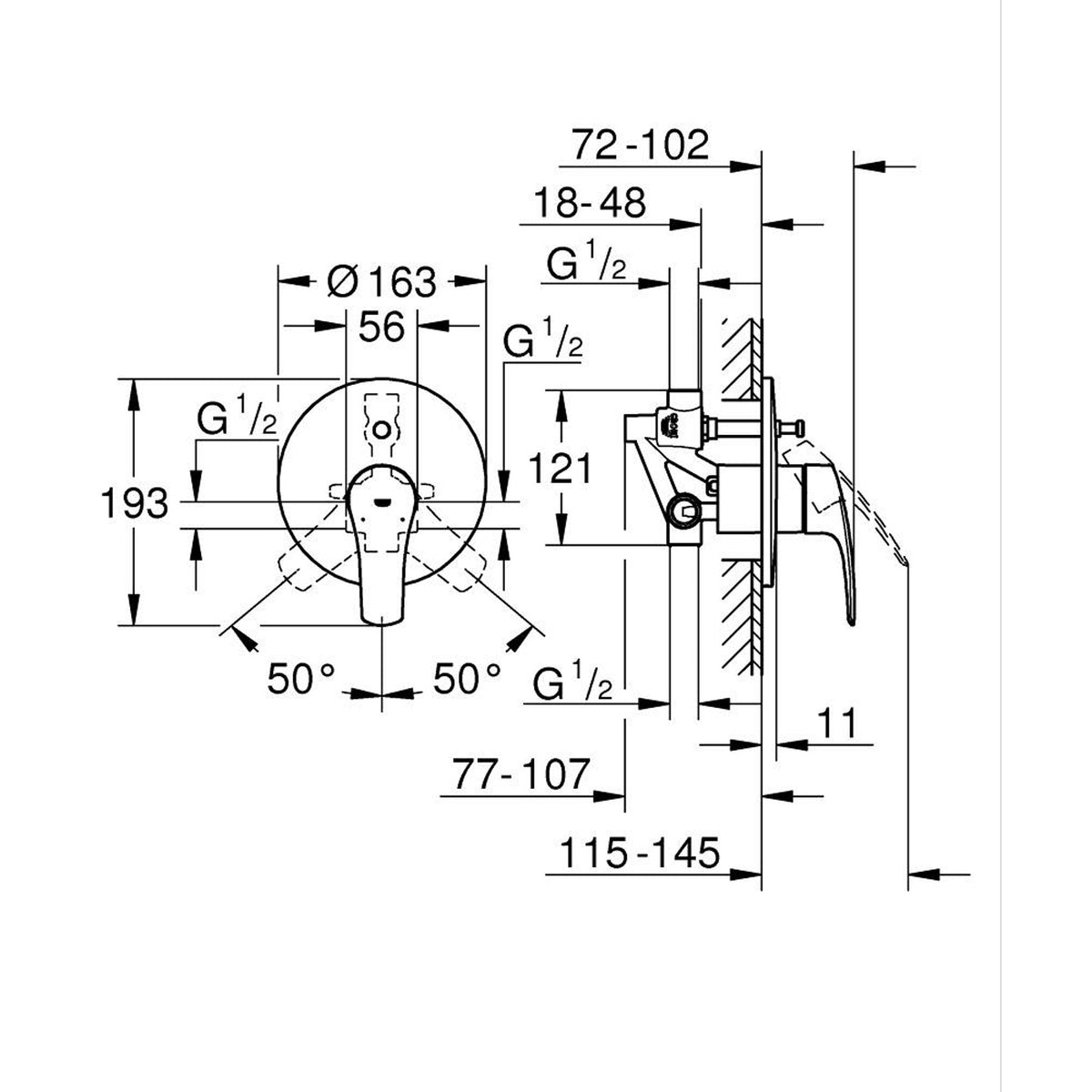 Grohe Eurosmart Ankastre Banyo Bataryası - Teknik Çizim