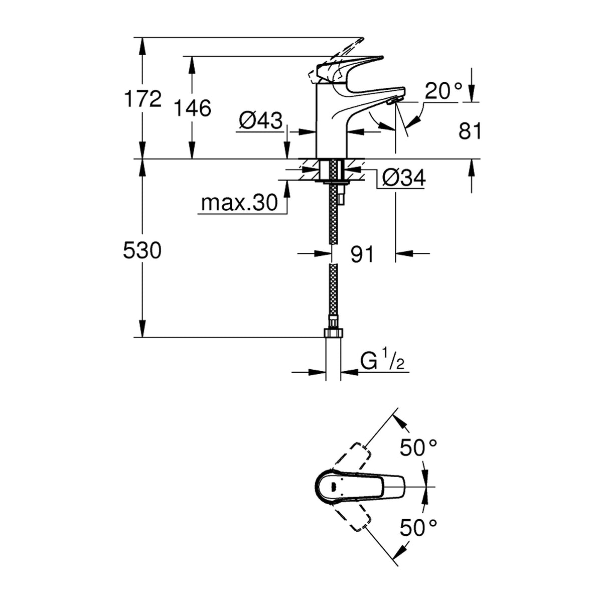 Grohe BauFlow Lavabo Bataryası, S-Boy - Teknik Çizim