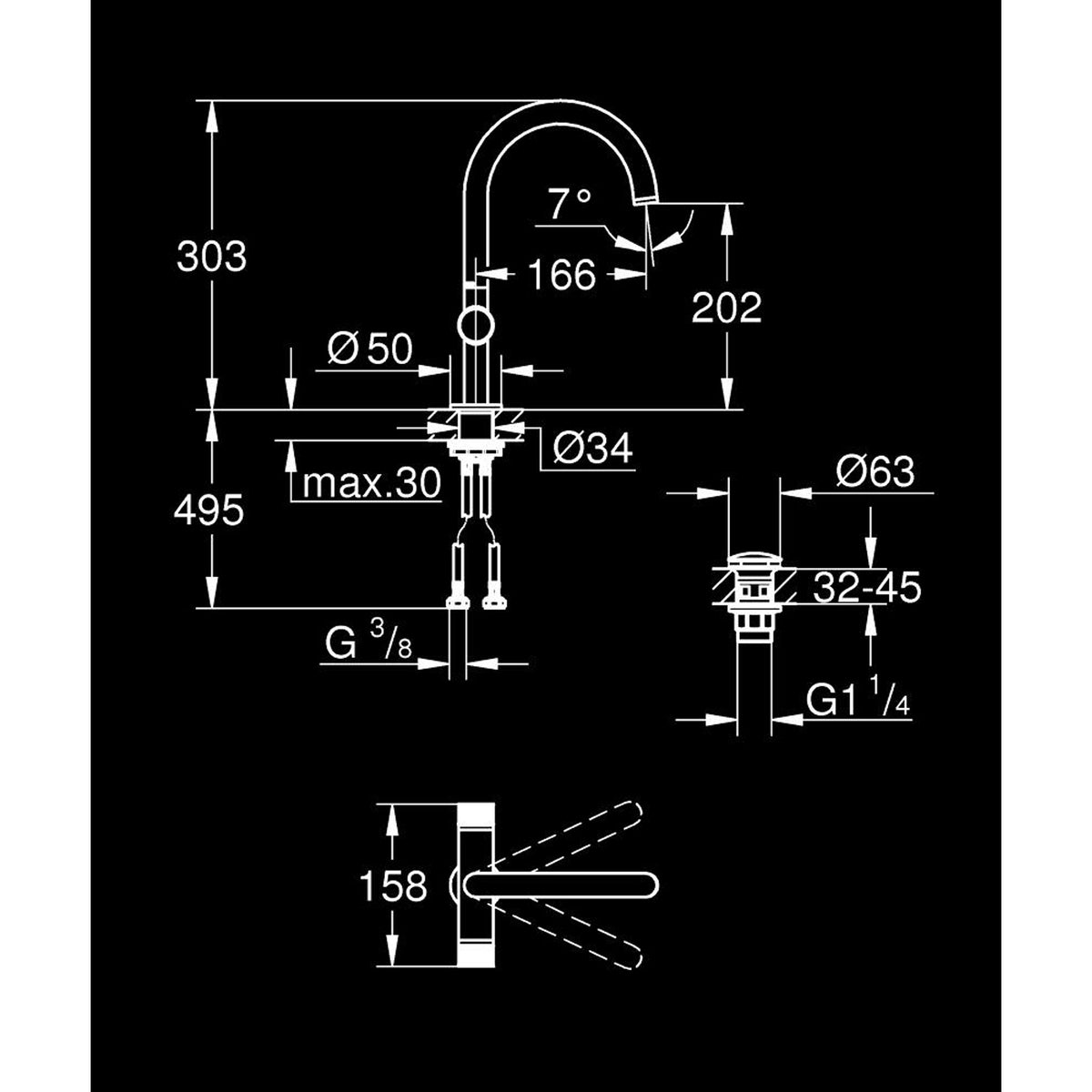 Grohe Atrio Private Collection Yüksek Lavabo Bataryası, Fırçalı Altın (L-Boy) - Teknik Çizim