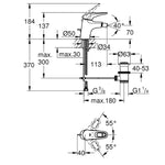 Grohe Eurostyle Sifon Kumandalı Bide Bataryası, S-Boy - Teknik Çizim