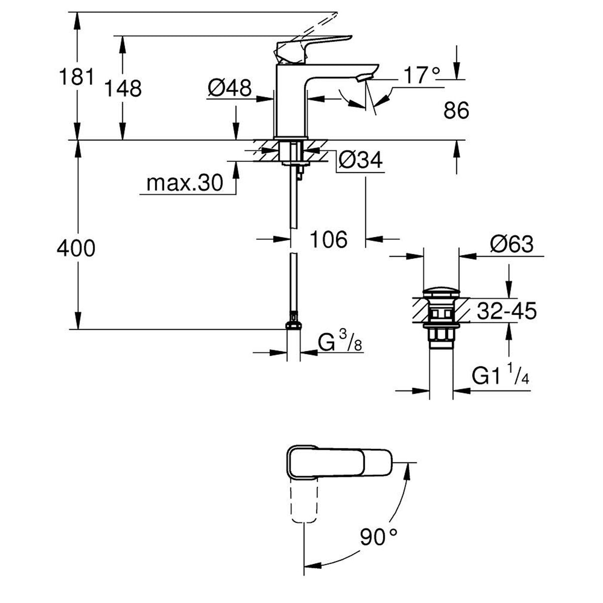 Grohe Cubeo Lavabo Bataryası, Mat Siyah, S-Boy - Teknik Çizim